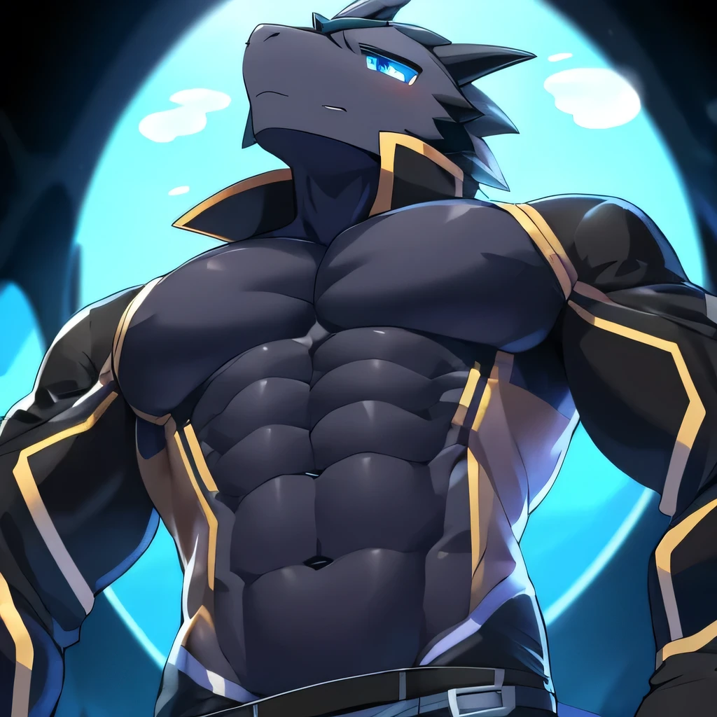 Thin macho western black dragon abs Hollow abs body suit thick arms chest rig 、sweaty skin glow profile Wearily short of breath Chemo shota
have a blue eyes Tired look Glowing abs Deep abdominals jacket