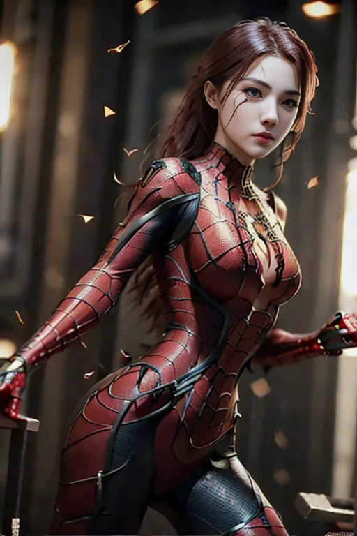 A beautiful woman with long red hair wearing a golden Spider-Man outfit