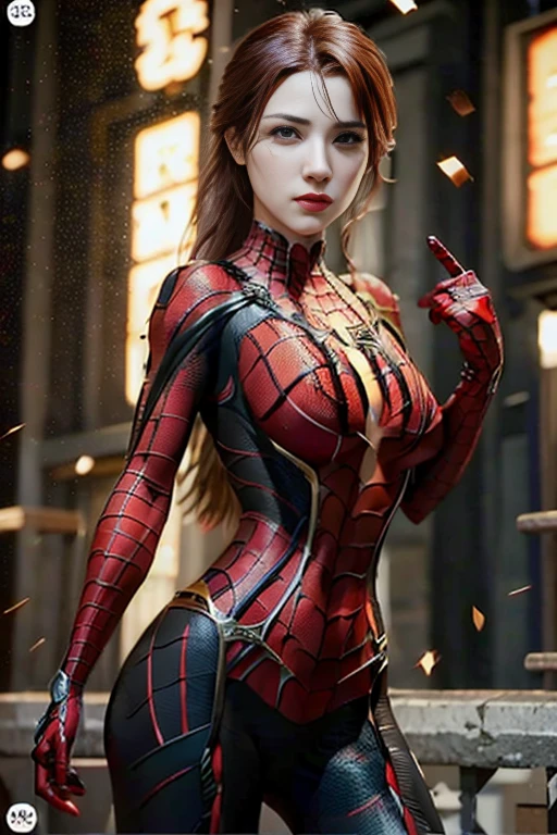 A beautiful woman with long red hair wearing a golden Spider-Man outfit
