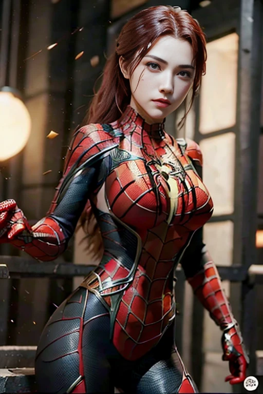 A beautiful woman with long red hair wearing a golden Spider-Man outfit
