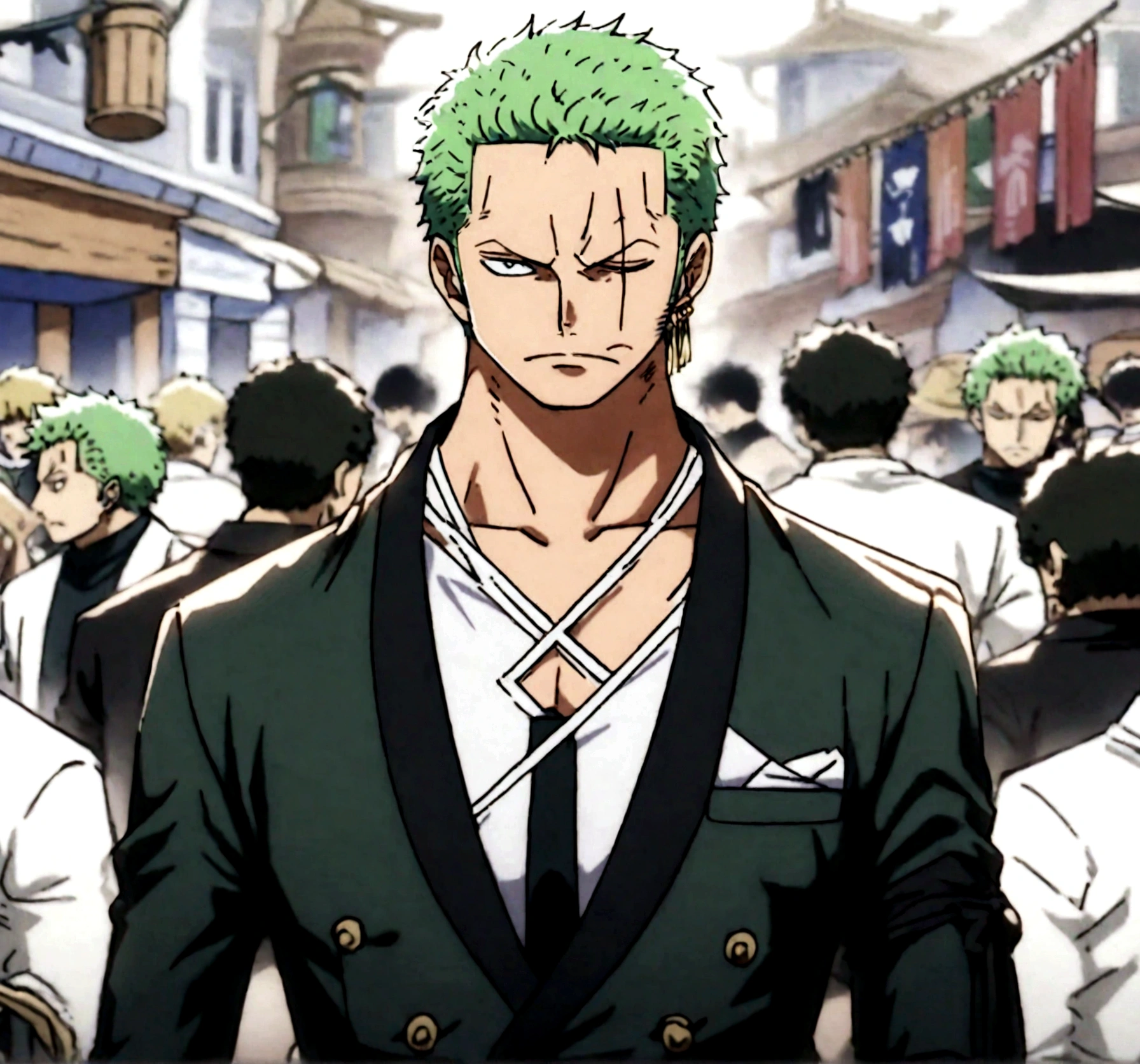 Embark on a creative journey to depict Zoro from the acclaimed anime "One Piece" in a whole new light. Picture Zoro with a touch of elegance as he adorns a sharp suit black closed and bow tiewhite closed for a grand gala event, emanating sophistication and style. Explore the fusion of tradition and modernity in this reimagined portrayal of the iconic character. With his left eye bearing a distinctive transversal scar, causing him to always keep it closed, Zoro exudes a unique blend of strength and refinement.