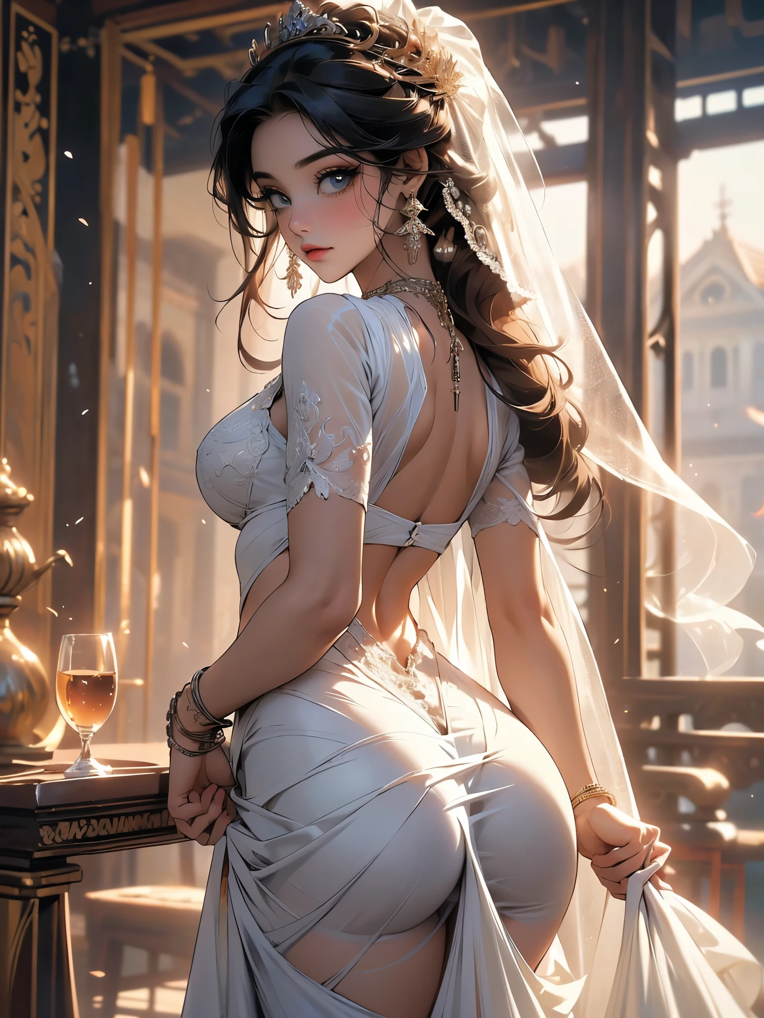((papel de parede extremamente detalhado da unidade CG 8k)), Obra de arte, ultra-detalhado, Flutuando, high resolution, sexualmente sugestivo, (pequeno, cabelos brancos absurdamente longos, princess, mago branco, olhos azuis, (Vestido longo em camadas, longo, branco e vermelho, ornamentado, com mangas longas e largas e bordados intrincados), bridal veil, diadema, manoplas de noiva, rubor, shy, Arched back, petticoat with ruffles, espartilho ornamentado, (((corpo inteiro, thick big ass)))