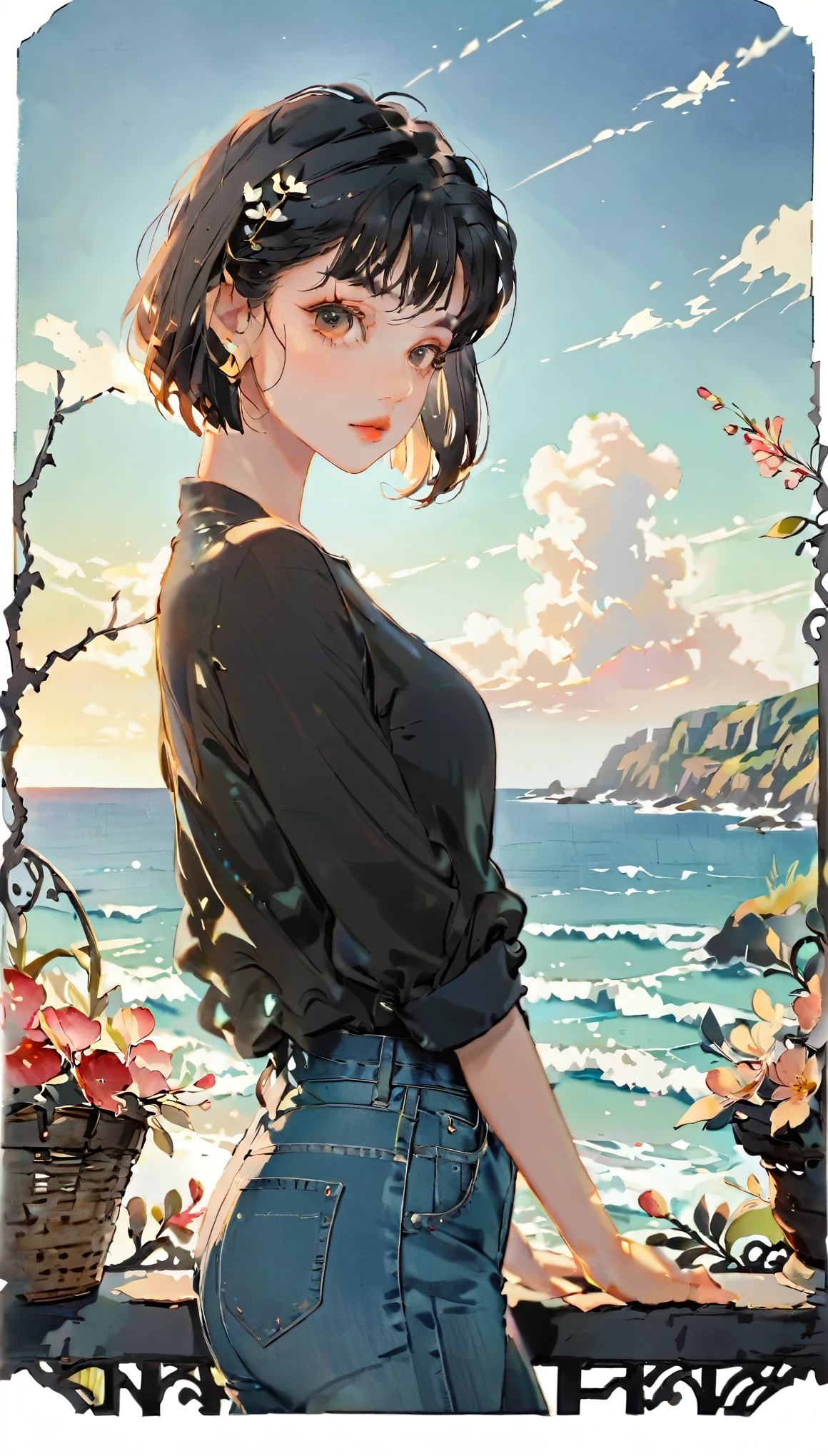 (((paper cutting style))), 1 girl, short black hair, straight hair, portfolio, shirts, denim, ocean and sky