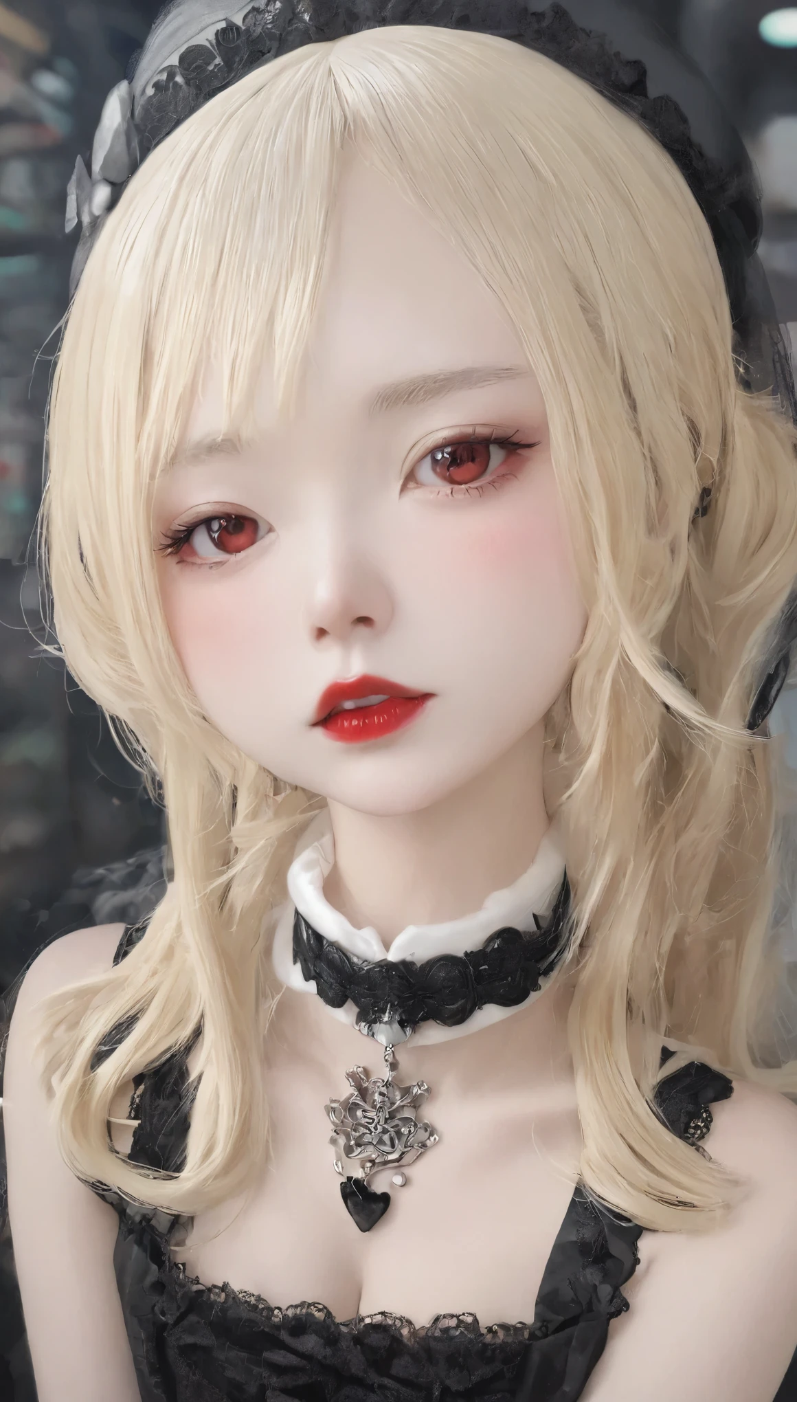 One Girl:1.5、Cute 、14Year、Perfect Anatomy、Red eyeshadow、Red lipstick、Slightly pink cheeks、White skin、Ash Blonde、Black Dress、eight-headed body、small 、Unique hairstyles、choker、highest quality、Very detailed、High quality details、Portraiture、Masseter region