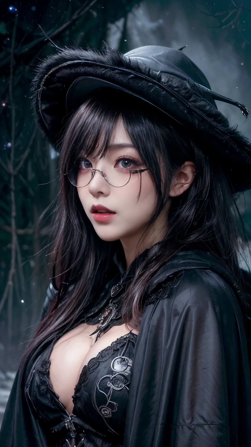 (Fatal Beauty,A charming villain,witch) ,(A supple and powerful physique),(Sensual charm),(Mysterious charm:1.1),(Captivating silhouette),(highest quality,High resolution:1.2),(dark,Threatening:1.1),((dark horror theme:1.5),(Thriller:1.5)),(Dark fantasy:1.5), (((Countless stars fly away:1.5),(Absurd:1.5),(wonderful:1.5))),Woman in red Dress, (Powerful numbers:1.1) 、 ((((Round Glasses)))),(((Big Breasts))),(((Fiery crown:1.1))),prime color,Urban,Very detailed,masterpiece,Intricate details,Faded,Very detailed, Eye on the details,Intricate details,暗くてSpooky atmosphere, spiritual being, 忘れられないほどbeautiful, Ghostly figures, Shadow-like shape, Spooky whispers, Ominous Aura, Goth Maiden, Very dark彼女の目, Like dazzling fur in a starless haze,Her Mogul Snaps, Mysterious Cemetery,Black hair swaying in the moonlight, She summons darkness, (beautiful: 1.7), (Black Hat: 1.6), (An intricately decorated jet-black cloak: 1.6), (Delicately decorated cloak, Despite being damaged: 1.5), Hypermaximalist, Breathtaking oil paintings, Surreal, Ultra-realistic digital illustrations that mimic the style of oil paintings, Seamlessly blending the psychedelic visionary art of Alex Grey with the physical-mechanical aesthetic of H.R. Giger. wonderful構成, (Shining Eyes:1.6)、(Glowing Eyes:1.1),(hellish landscape:1.1),(fire,sulfur:1.1),(Threatening atmosphere:1.1),(dark shadows,Threatening presence:1.1),(Unlucky Clouds,Stormy Skies:1.1),(dark,Spooky atmosphere:1.1),(Aura of misfortune,Evil energy:1.1),(dark aura,cigarette:1.1),(Extreme heat,Burning Flames:1.1),(Nightmare Visions:1.1),(Predicting the end:1.1),(Whispers of misfortune,Devilish Laugh:1.1),(Cries of pain,echoing screams:1.1),(Bad luck symbol,Ancient runes:1.1),(Mysterious Relic,dark 美術ifacts:1.1),(Infernal Ritual,Ritual sacrifice:1.1),(Eternal Ruin,A hopeless existence:1.1), Inspired by abandoned mech backgrounds. Art created by Craig Mullins, Necrostyle., Detailed Description, Futuristic sci-fi scene. Check out the sci-fi concept art, Vivid colors and sharp focus.