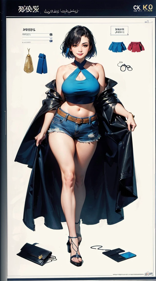 (best quality,4k,8k,highres,masterpiece:1.2),ultra-detailed, Middle Eastern college student, sks woman, short hair, party girl, Thick body, wide hips, thick thighs, large breasts, yellow sequin halter top, blue punk skirt, stylish jean shorts, stylish blouse, stylish purse, Joyous smile on her face, drawn in the style of Yoshitaka Amano, HDR, 8k, absurdres, cinestill 800, sharp focus ((Masterpiece, best quality) detailed, character sheet, many items (+ detailed item description, many parts), + character description, full of details.) concept-art, reference sheet