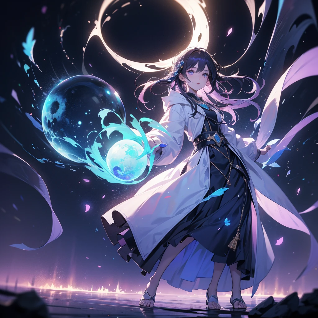 (((masterpiece, best quality, 8k))) full-body shot of a hooded girl with a perfect face, standing on a reflective ground. She is holding a source of blue and purple light energy, with many particles surrounding her. The environment is dark and misty, with the only source of light coming from the energy and particles, all glowing in blue and purple tones. The atmosphere is mysterious and otherworldly, with a misty haze drifting around her feet. Her face is partially obscured by the hood, and her eyes are focused intently on the luminous orb in her hands.