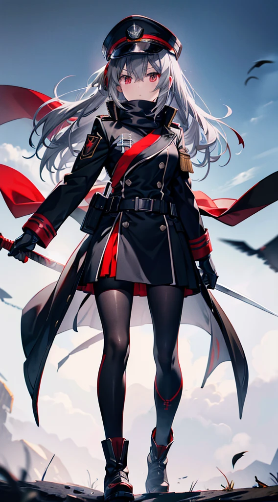 Black military uniform Black long muffler hat Grey Hair Red Eye Red Sword boots black tights Lori Expressionless Sento Hime Rose