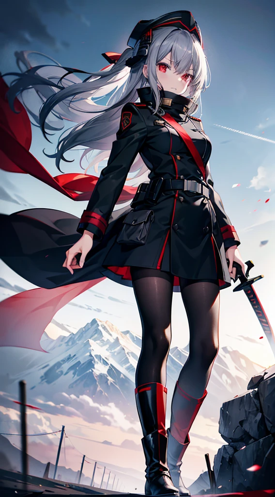 Black military uniform　Black long muffler　hat　Grey Hair　Red Eye　Red Sword　boots　black tights　Lori　Expressionless　Sento Hime Rose