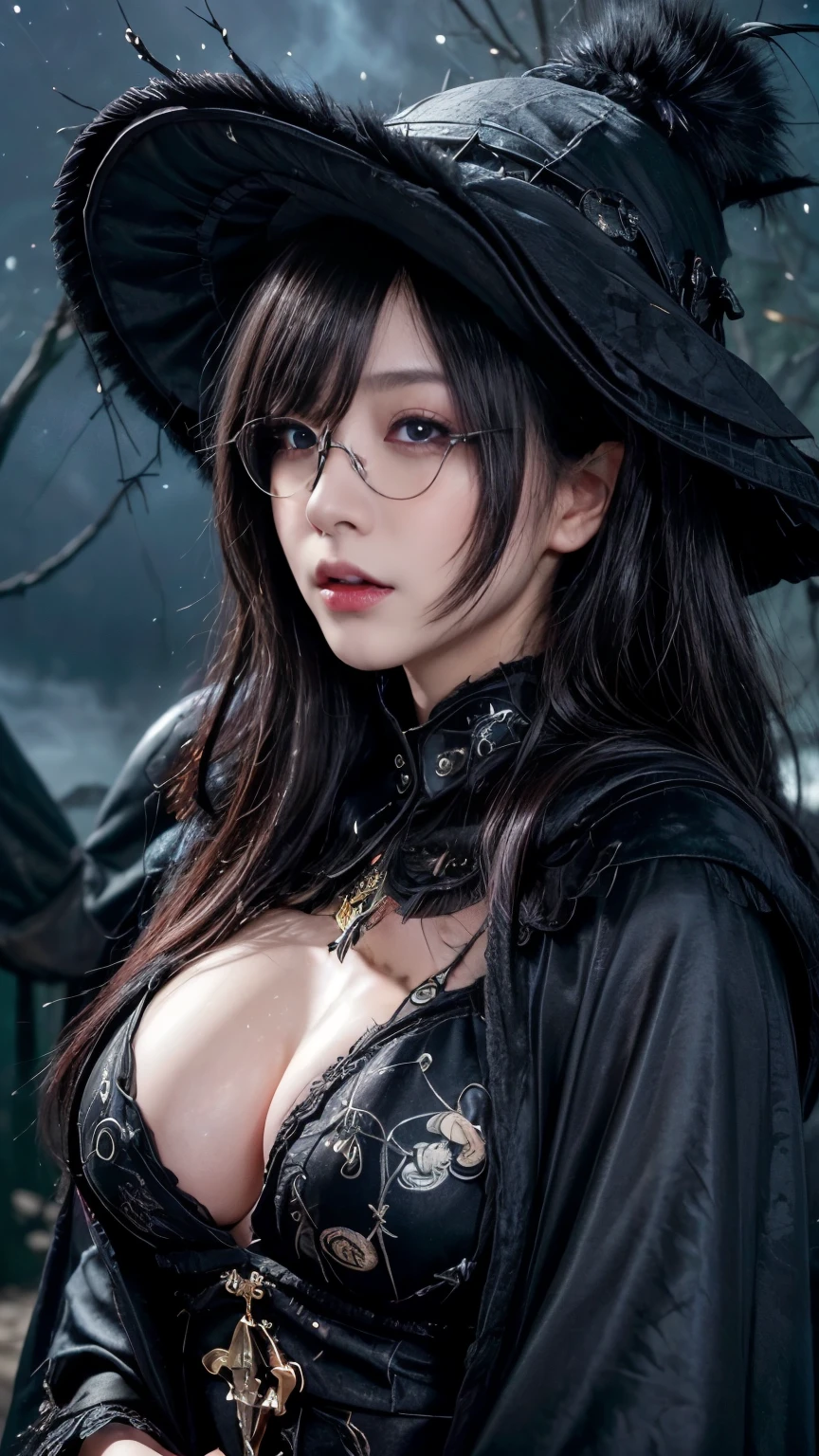 (Fatal Beauty,A charming villain,witch) ,(A supple and powerful physique),(Sensual charm),(Mysterious charm:1.1),(Captivating silhouette),(highest quality,High resolution:1.2),(dark,Threatening:1.1),((dark horror theme:1.5),(Thriller:1.5)),(Dark fantasy:1.5), (((Countless stars fly away:1.5),(Absurd:1.5),(wonderful:1.5))),Woman in red Dress, (Powerful numbers:1.1) 、 ((((Round Glasses)))),(((Big Breasts))),(((Fiery crown:1.1))),prime color,Urban,Very detailed,masterpiece,Intricate details,Faded,Very detailed, Eye on the details,Intricate details,暗くてSpooky atmosphere, spiritual being, 忘れられないほどbeautiful, Ghostly figures, Shadow-like shape, Spooky whispers, Ominous Aura, Goth Maiden, Very dark彼女の目, Like dazzling fur in a starless haze,Her Mogul Snaps, Mysterious Cemetery,Black hair swaying in the moonlight, She summons darkness, (beautiful: 1.7), (Black Hat: 1.6), (An intricately decorated jet-black cloak: 1.6), (Delicately decorated cloak, Despite being damaged: 1.5), Hypermaximalist, Breathtaking oil paintings, Surreal, Ultra-realistic digital illustrations that mimic the style of oil paintings, Seamlessly blending the psychedelic visionary art of Alex Grey with the physical-mechanical aesthetic of H.R. Giger. wonderful構成, (Shining Eyes:1.6)、(Glowing Eyes:1.1),(hellish landscape:1.1),(fire,sulfur:1.1),(Threatening atmosphere:1.1),(dark shadows,Threatening presence:1.1),(Unlucky Clouds,Stormy Skies:1.1),(dark,Spooky atmosphere:1.1),(Aura of misfortune,Evil energy:1.1),(dark aura,cigarette:1.1),(Extreme heat,Burning Flames:1.1),(Nightmare Visions:1.1),(Predicting the end:1.1),(Whispers of misfortune,Devilish Laugh:1.1),(Cries of pain,echoing screams:1.1),(Bad luck symbol,Ancient runes:1.1),(Mysterious Relic,dark 美術ifacts:1.1),(Infernal Ritual,Ritual sacrifice:1.1),(Eternal Ruin,A hopeless existence:1.1), Inspired by abandoned mech backgrounds. Art created by Craig Mullins, Necrostyle., Detailed Description, Futuristic sci-fi scene. Check out the sci-fi concept art, Vivid colors and sharp focus.