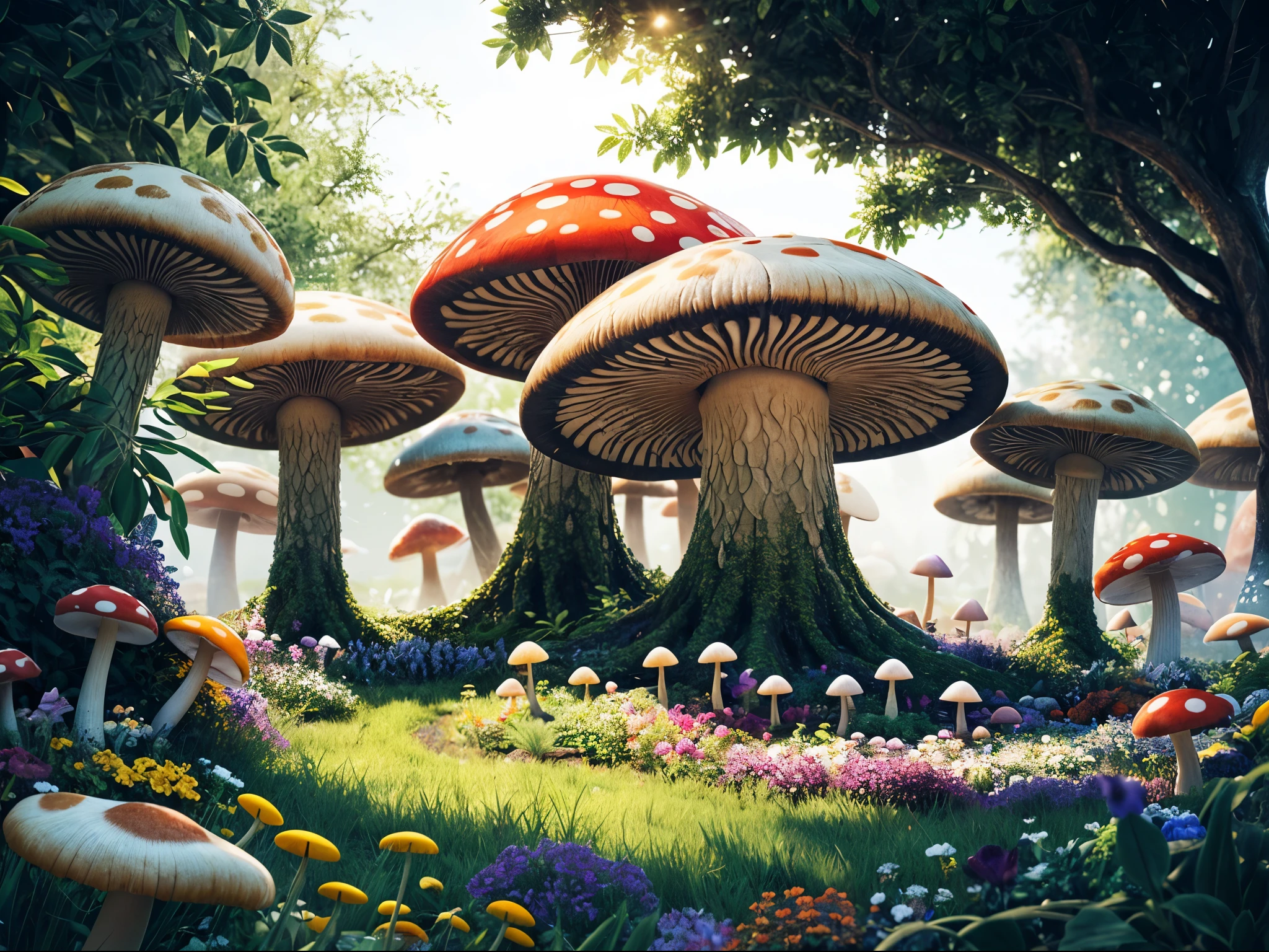 giant mushroom, mushroom garden, modern fantasy garden, surrounded by flowers, vibrant, colorful, flowers and bush, viscous liquid, cinematic lighting,