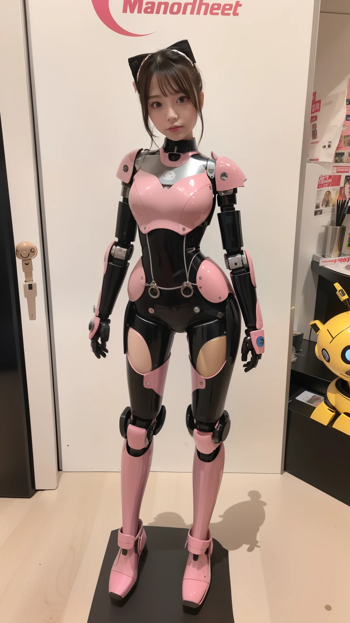 Robot Girl, pink there, Silver, Metallic body, Robot Parts, Metal Parts, Super Detailed Face, Super well-formed face, of the highest quality, a small face, a small head, Brown hair, Slender body, Camera gaze, Internal Mechanical Exposure, Idol, front facing, Well-proportioned body, sale, Exhibited, Event Hall, Moe Pose, pink metallic Lolita dress machine armor, Standing with legs open, Model body type, sad, Embarrassing,(Perfect Robot Girl),(Perfect machine body)