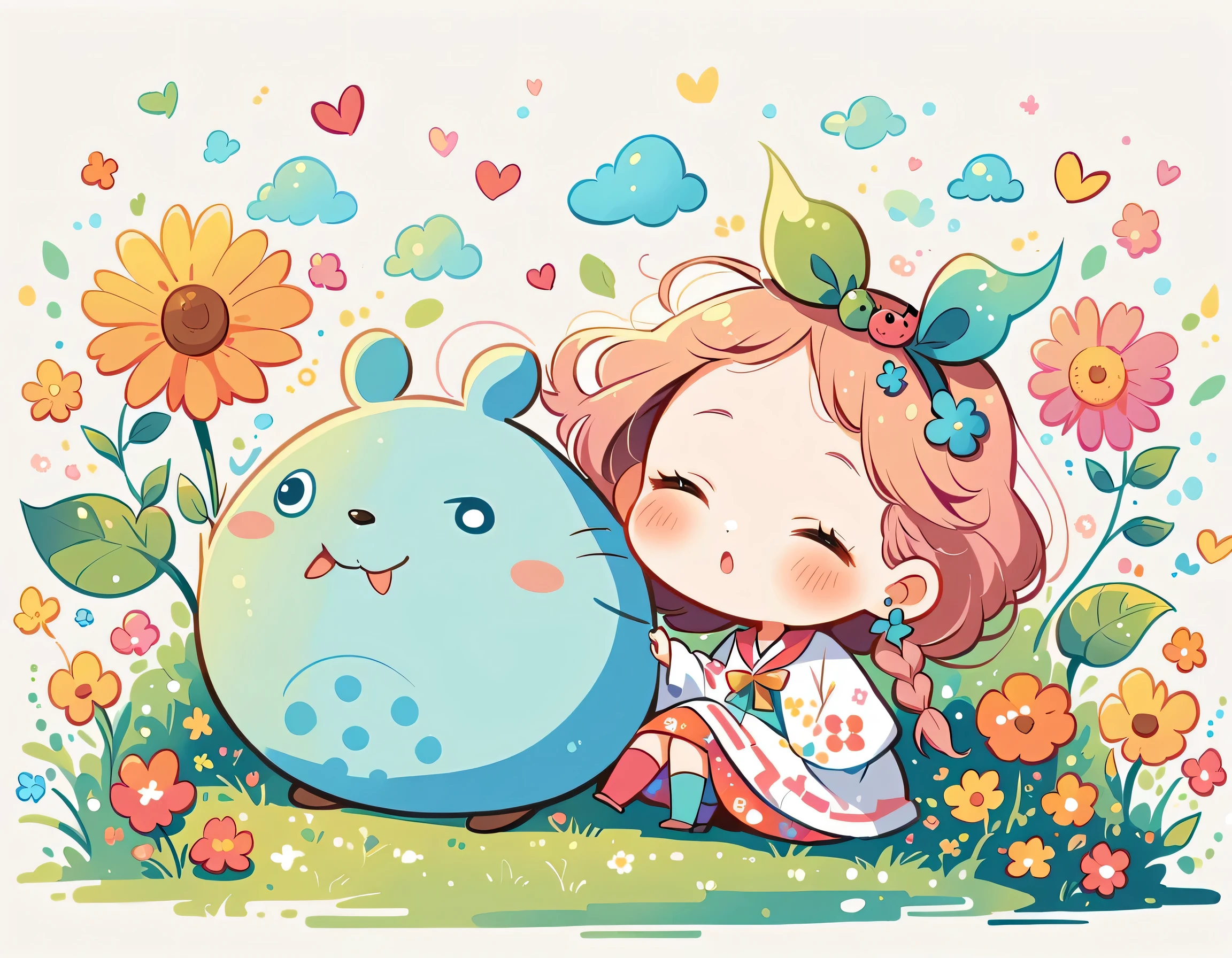 Watase Seizo style、The most beautiful girl of all time、Lips in Love、Colorful flowers、Simple line initials、Abstract art、(((chibi))), Colorful and cute pillbugs, Totoro Forest