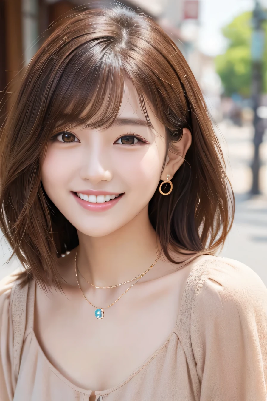 Beautiful young woman、 Korean women、Light brown hair、Wavy Hair、short hair、ear piercing、Necklace around the neck、blouse、smile, Beautiful teeth alignment、Intricate details, Very detailed:1.2), 、 Looking into the camera,The background is the town