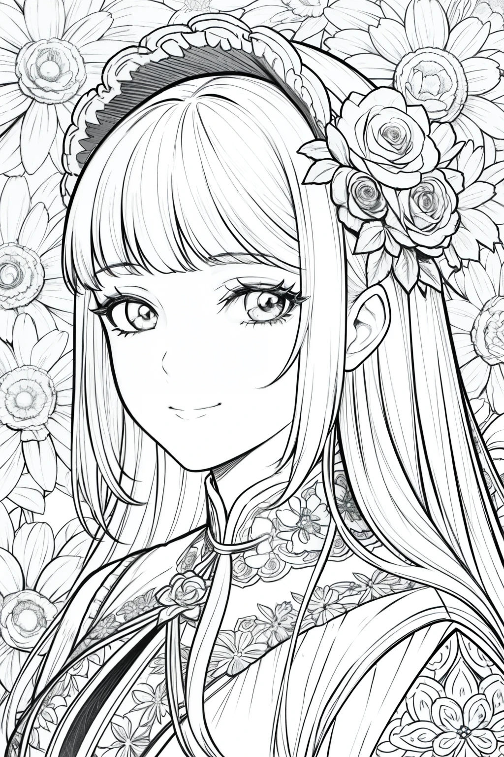 highest quality, High resolution, Detailed Background, High Contrast, 1 girl, Head close-up, Floral Background, Beautiful line drawing, Vibrant colors,smile