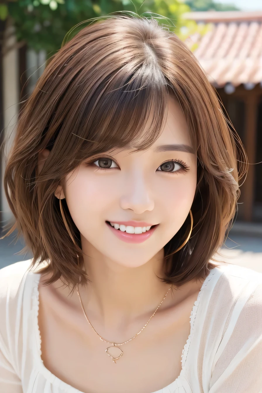 Beautiful young woman、 Korean women、Light brown hair、Wavy Hair、short hair、ear piercing、Necklace around the neck、blouse、smile, Beautiful teeth alignment、Intricate details, Very detailed:1.2), 、 Looking into the camera,The background is the town
