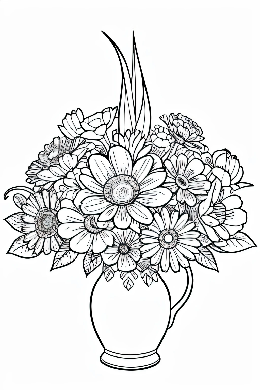 A thick line whimsical coloring book page from a children's, flowers arranged in vases, coloring book with simple line art, thick black lines, bold lines and no shading or texture details on a white background. The high resolution vector image has a bold outline in black on a white background with white space around the outlines and a simple floral design flowers arranged in vases, made of simple shapes and bold colors in the style of no grayscale, --s 750