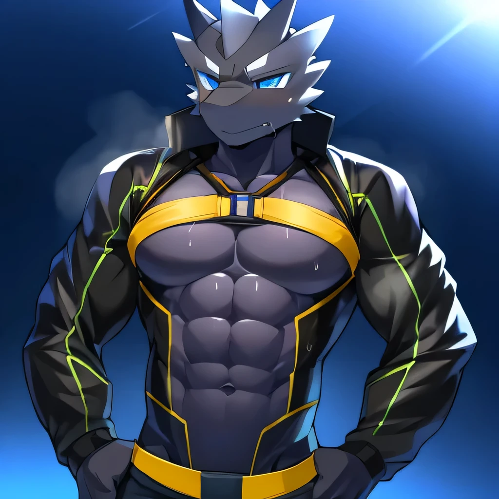 Thin macho　western black dragon　　abs　　　　　Hollow abs　　body suit　　thick arms　　　chest rig　　　、sweaty　　　skin glow　　profile　　Wearily　short of breath　　  　Chemo shota　　
have a 　blue eyes　Tired look　Glowing abs　Deep abdominals jacket