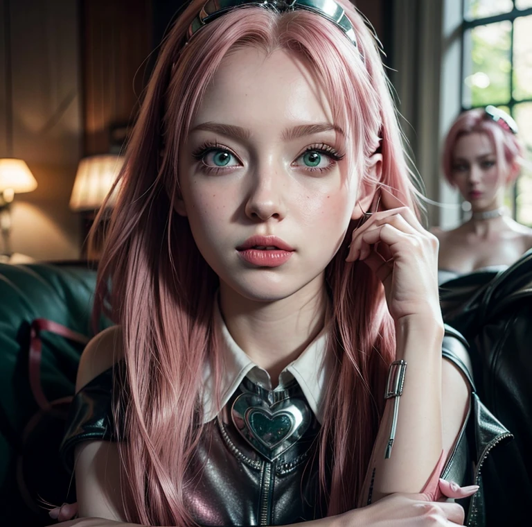 young woman, pale skin, short bubblegum pink hair, wide forehead, emerald green eyes, buttoned nose, peach lips, heart-shaped face, slender, red clothes, Sakura Haruno, 3d, realism, angelic face, maya in net