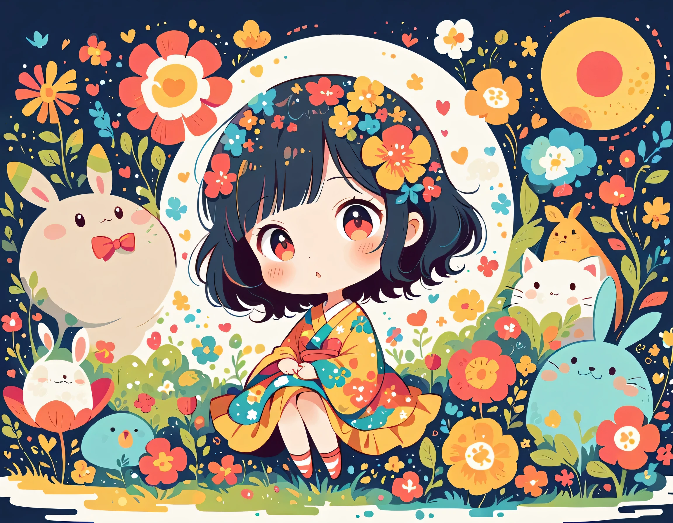 Watase Seizo style、The most beautiful girl of all time、Lips in Love、Colorful flowers、Simple line initials、Abstract art、(((chibi))), Colorful and cute alien, Totoro Forest