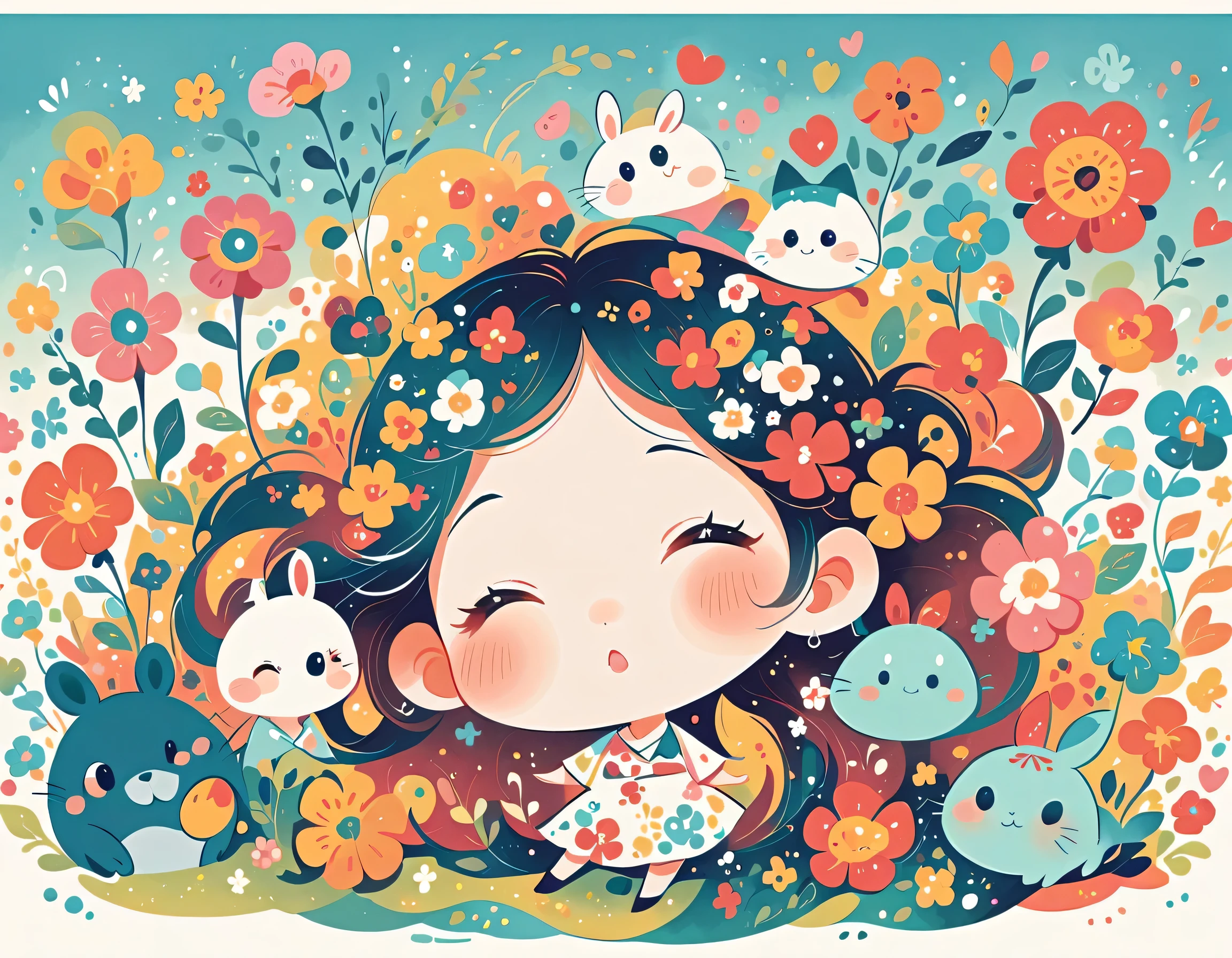 Watase Seizo style、The most beautiful girl of all time、Lips in Love、Colorful flowers、Simple line initials、Abstract art、(((chibi))), Colorful and cute alien, Totoro Forest
