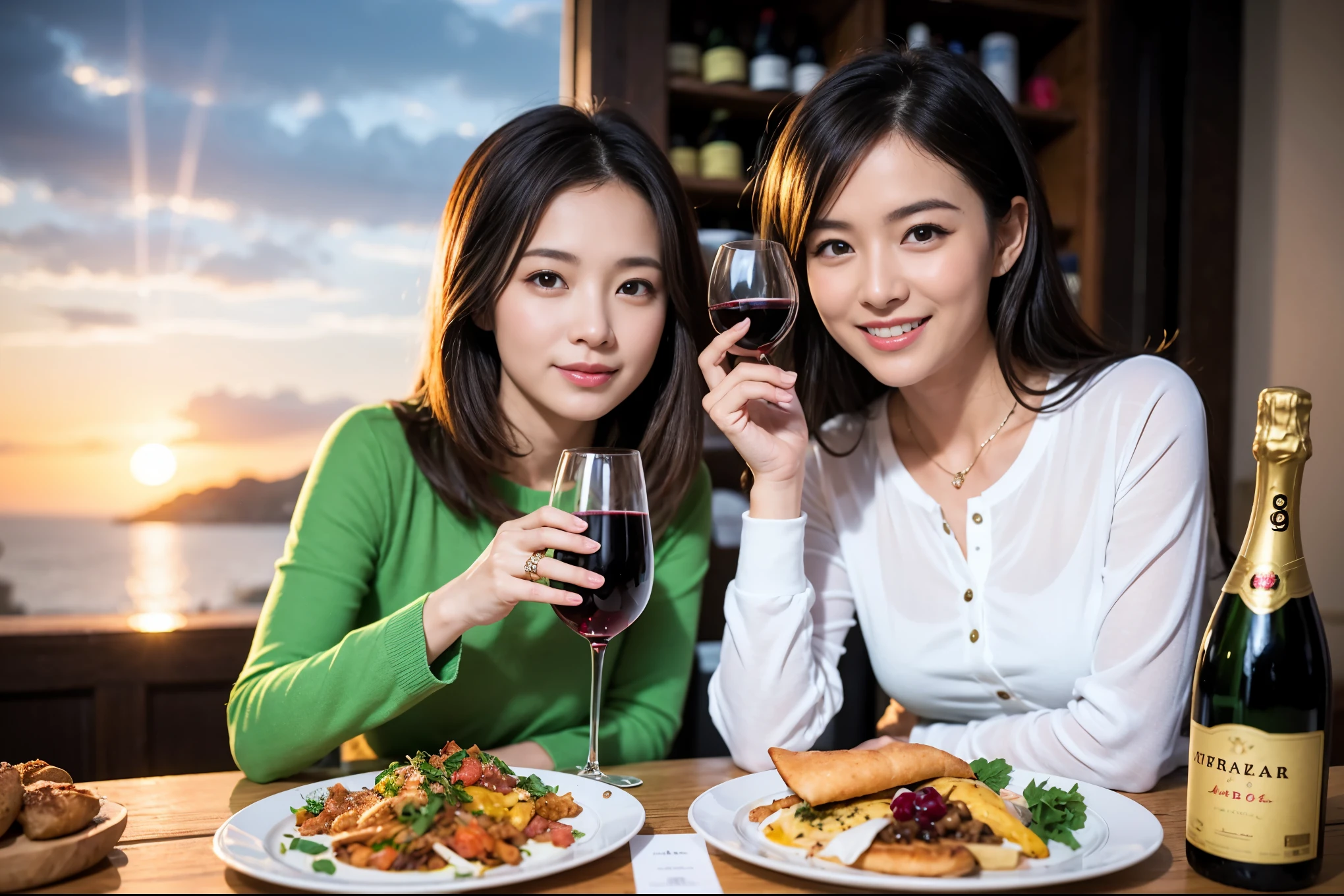 ((highest quality、8k、masterpiece:1.3))、1 male 1 female、lover、Beautiful couple、smile、full-course dinner、 (Slim face), (the body is スリム), (Brown Hair), (Shortcuts), テーブルの上のwine glass、Please shine a light on my face、 Amazing view of the sunset sky and clouds、 (Age 37), 39 years old, red wine 、Appetizers、Italian food、Wine bottle、Champagne、sparkling wine、Long sleeve shirt、dress、White wine, red wine, wine glass,