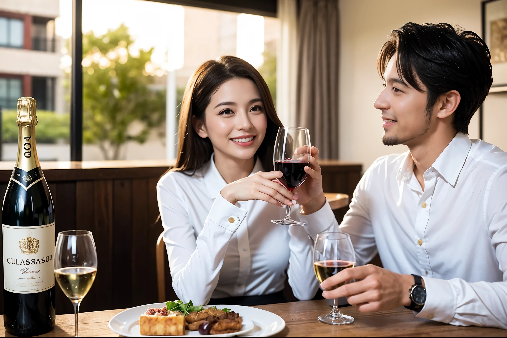 ((highest quality、8k、masterpiece:1.3))、1 male 1 female、lover、Beautiful couple、smile、full-course dinner、 (Slim face), (the body is スリム), (Brown Hair), (Shortcuts), テーブルの上のwine glass、Please shine a light on my face、 Amazing view of the sunset sky and clouds、 (Age 37), 39 years old, red wine 、Appetizers、Italian food、Wine bottle、Champagne、sparkling wine、Long sleeve shirt、dress、White wine, red wine, wine glass,