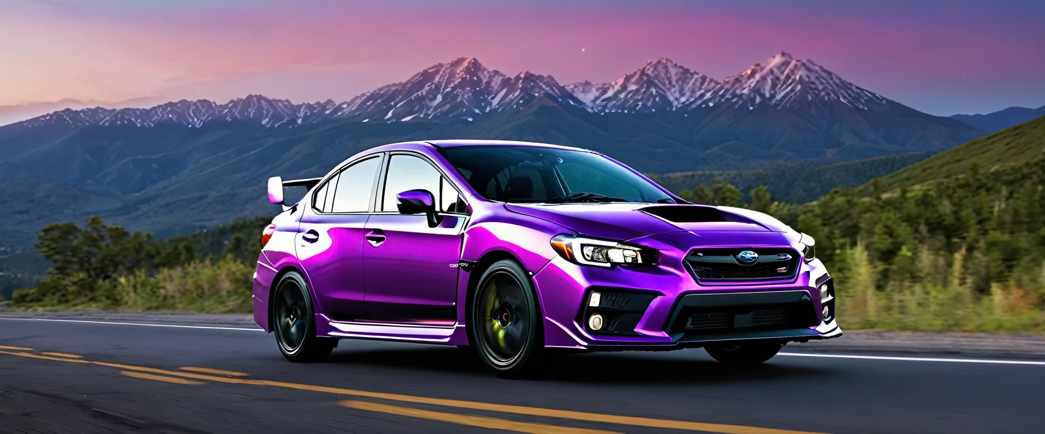 The 2020 Subaru WRX STI、The scene of cruising on the public road bathed in the warm glow of purple neon lights.、Picturesque mountain々Against the backdrop of、Photorealistic and hyper-realistic、And it's an absolutely stunning depiction.。This high-definition masterpiece is packed with attention to detail.、It feels like you're stepping out of the wallpaper onto the road。The sun sets behind the mountains、Casts a long, dramatic shadow、Adding a touch of surrealism to this car enthusiast's dream。