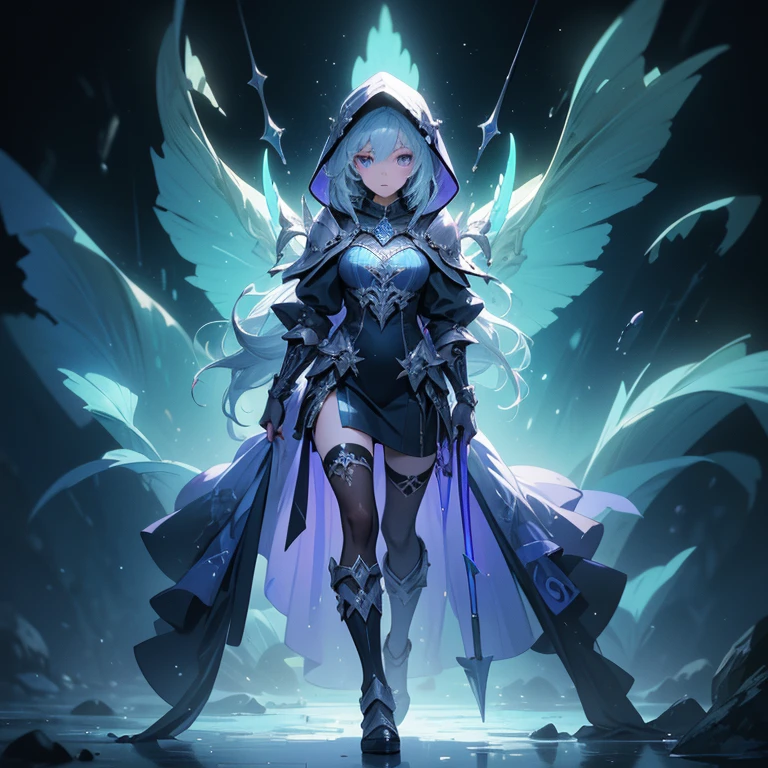 (((masterpiece, best quality, high detailed, 8k))) full-body shot of a hooded girl with a perfect face, standing on a reflective ground. She is holding a source of blue and purple light energy, with many particles surrounding her. The environment is dark and misty, with the only source of light coming from the energy and particles, all glowing in blue and purple tones. The atmosphere is mysterious and otherworldly, with a misty haze drifting around her feet. Her face is partially obscured by the hood, and her eyes are focused intently on the luminous orb in her hands. She is wearing blue|silver stylish and unique clothes, revealing and with vambraces and armored legwear. Her gloves cover her full hands. She is holding a water trident as her showcased weapon.
(masterpiece:1.2), (best quality), (ultra-detailed), (4k), (Step by step design, layout art:1.5), (luminous lighting, atmospheric lighting), sea guardian, (((revealing clothes:1.3))), ((full_body_shot:1.4)). {In an underwater realm}.