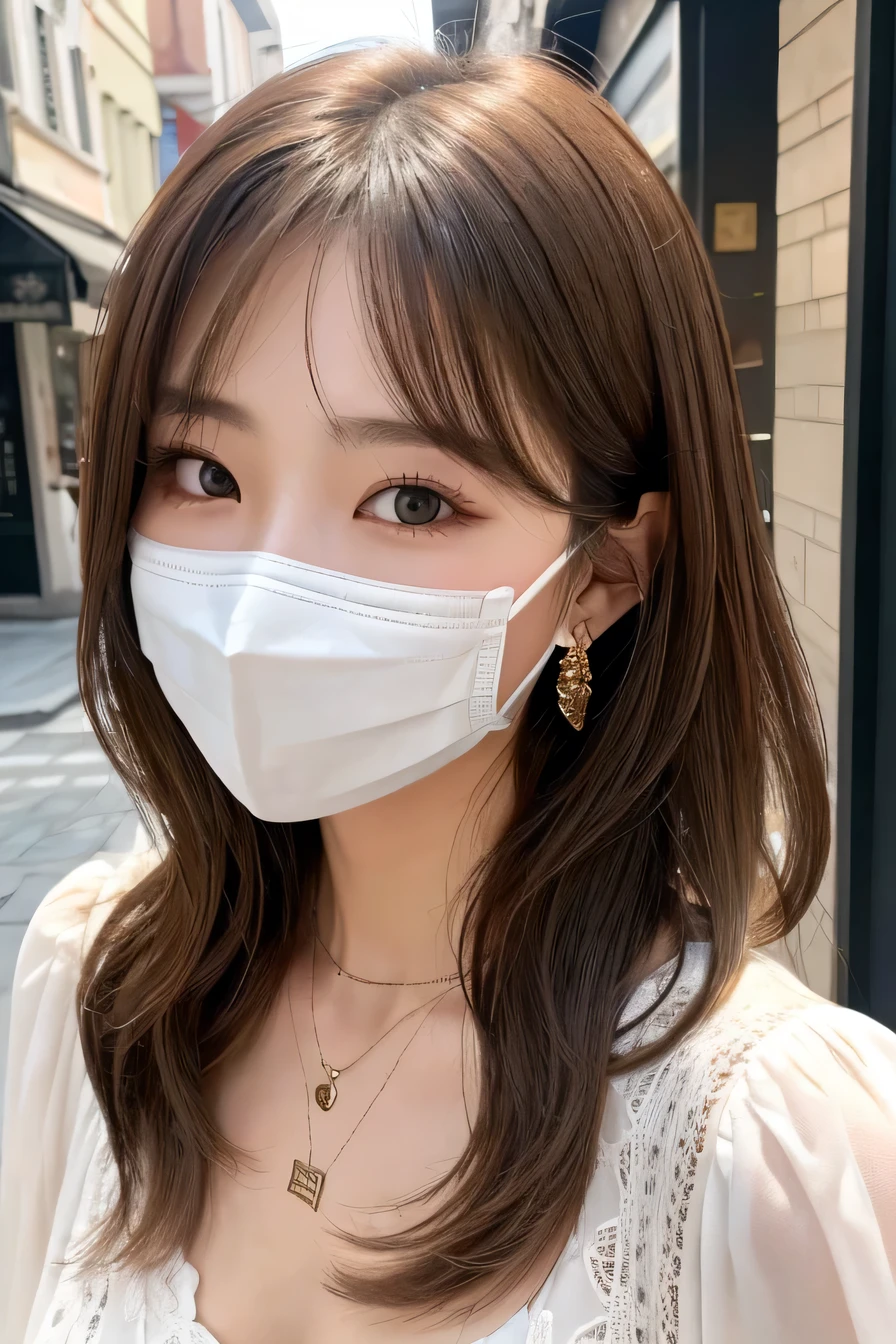 Beautiful young woman、 Korean women、Light brown hair、Wavy Hair、short hair、ear piercing、Necklace around the neck、blouse、Mask on mouth、Intricate details, Very detailed:1.2), 、 Looking into the camera,The background is the town