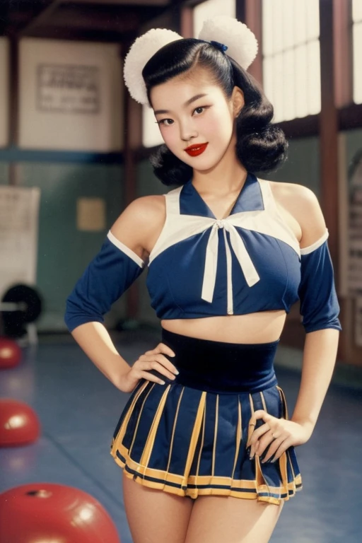 1952, Seoul, (1 korean young girl), 20 years old Girl in school gym, sexy Riverdale High School cheerleader outfit with blue and gold pom poms, big breasts, strikingly beautiful, delicate facial features, porcelain skin, expressive eyes, black hair, red lips), (hairstyle of the 1950s), dramatic lighting, pin up style, sexy, surprised, colorful , masterpieces, tight body, Detailed Hands, Detailed legs,