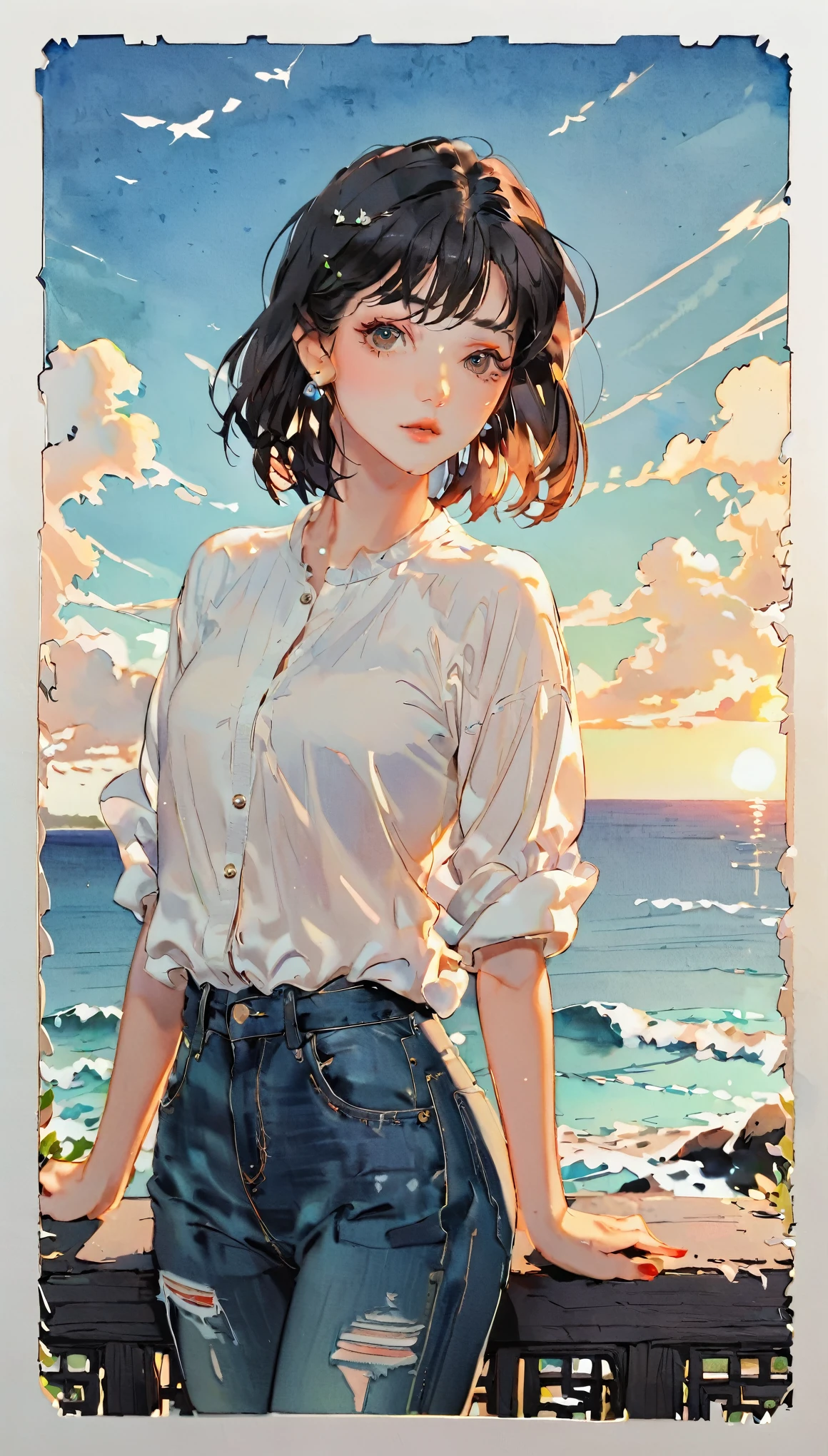 (((paper cutting style))), 1 girl, short black hair, straight hair, portfolio, shirts, denim, ocean and sky