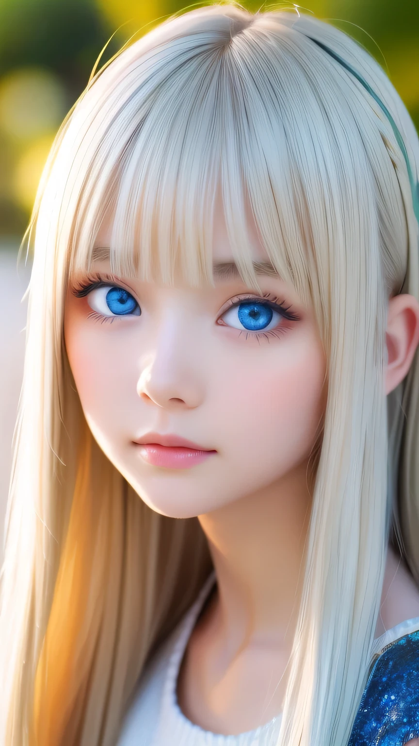 Extraordinary sexy beauty、beautiful, A kind and bright expression、Sexy and refreshing impression、Perfect beautiful Pretty face、Super long ponytail、Bangs that cover the eyes、Facial hair、Super long, Shine mystically、Natural straight platinum blonde hair、beautiful facial hair、very cute、beautifully、Sexy ugly little woman、So perfect and beautiful, Pretty face、Large, bright, light blue eyes that sparkle beautifully、Very big eyes、Very white, like々Brighter skin、Small Face Beauty、Round face