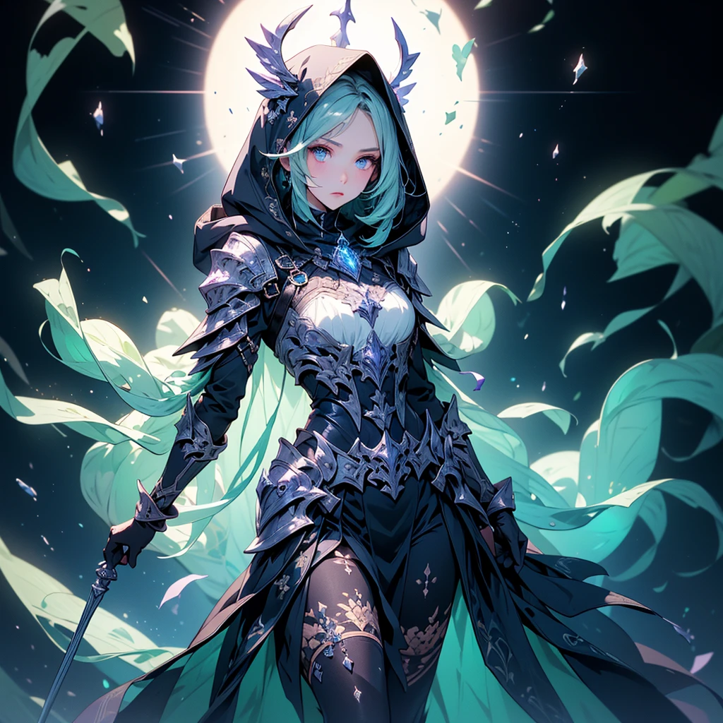 (((masterpiece, best quality, high detailed, 8k))) full-body shot of a hooded girl with a perfect face, standing on a reflective ground. She is holding a source of blue and purple light energy, with many particles surrounding her. The environment is dark and misty, with the only source of light coming from the energy and particles, all glowing in blue and purple tones. The atmosphere is mysterious and otherworldly, with a misty haze drifting around her feet. Her face is partially obscured by the hood, and her eyes are focused intently on the luminous orb in her hands. She is wearing blue|silver stylish and unique clothes, revealing and with vambraces and armored legwear. Her gloves cover her full hands. She is holding a water trident as her showcased weapon.
(masterpiece:1.2), (best quality), (ultra-detailed), (4k), (Step by step design, layout art:1.5), (luminous lighting, atmospheric lighting), sea guardian, (((revealing clothes:1.3))), ((full_body_shot:1.4)). {In an underwater realm}.