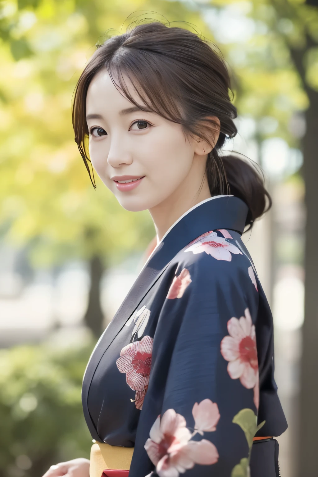 1woman, solo, close up, slender,((kimono and obi)), soft smiling, (best quality,8k,highres,masterpiece:1.3), ultra-detailed, (realistic,photorealistic,photo-realistic:1.37), portrait, cinematic, warm lighting, medium format, golden hour, dramatic shadows, vibrant colors,((hair up)),