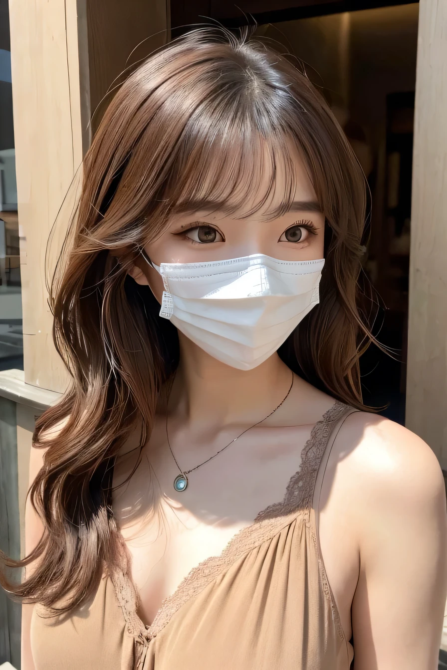 Beautiful young woman、 Korean women、Light brown hair、Wavy Hair、short hair、ear piercing、Necklace around the neck、blouse、Mask on mouth、Intricate details, Very detailed:1.2), 、 Looking into the camera,The background is the town