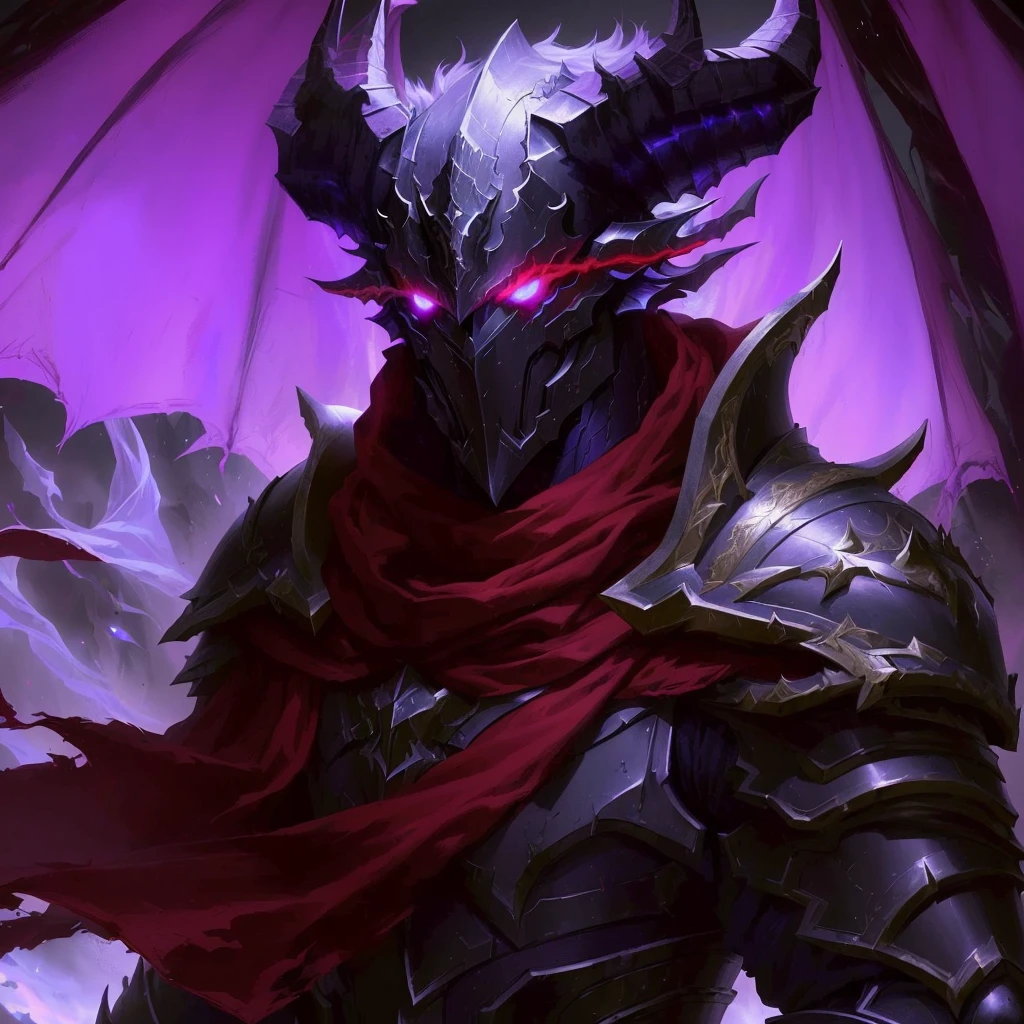 a close up of a demonic looking creature with a red cape, Dragon Knight, retrato pintado de mordekaiser, demon lord, Armadura de demonio, nocturno de liga de leyendas, Artefacto jpeg de fondo de pantalla hd de 8 k, Artefacto jpeg de fondo de pantalla hd 8k, epic fantasy digital art style, draconic looking armor, epic fantasy art style