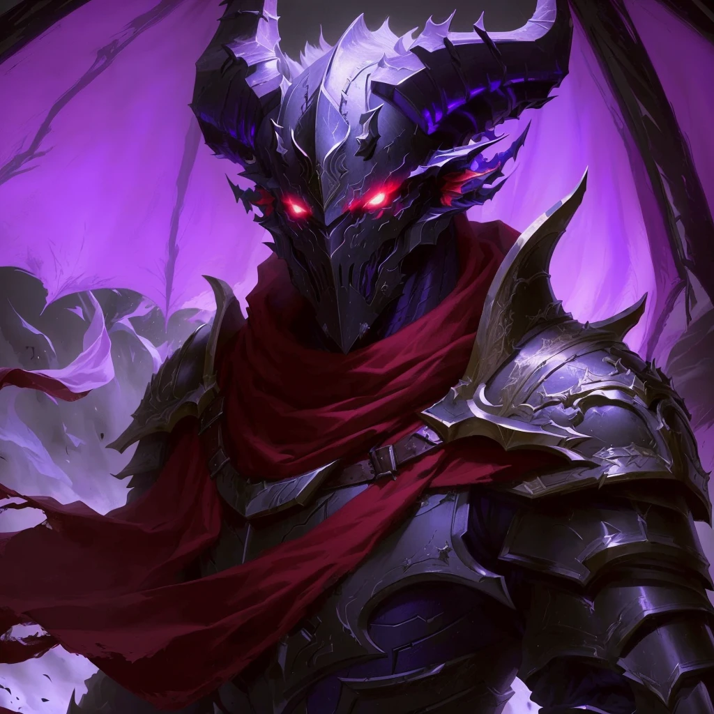 a close up of a demonic looking creature with a red cape, Dragon Knight, retrato pintado de mordekaiser, demon lord, Armadura de demonio, nocturno de liga de leyendas, Artefacto jpeg de fondo de pantalla hd de 8 k, Artefacto jpeg de fondo de pantalla hd 8k, epic fantasy digital art style, draconic looking armor, epic fantasy art style