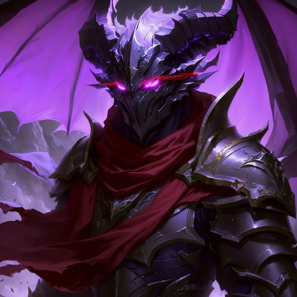 a close up of a demonic looking creature with a red cape, Dragon Knight, retrato pintado de mordekaiser, demon lord, Armadura de demonio, nocturno de liga de leyendas, Artefacto jpeg de fondo de pantalla hd de 8 k, Artefacto jpeg de fondo de pantalla hd 8k, epic fantasy digital art style, draconic looking armor, epic fantasy art style