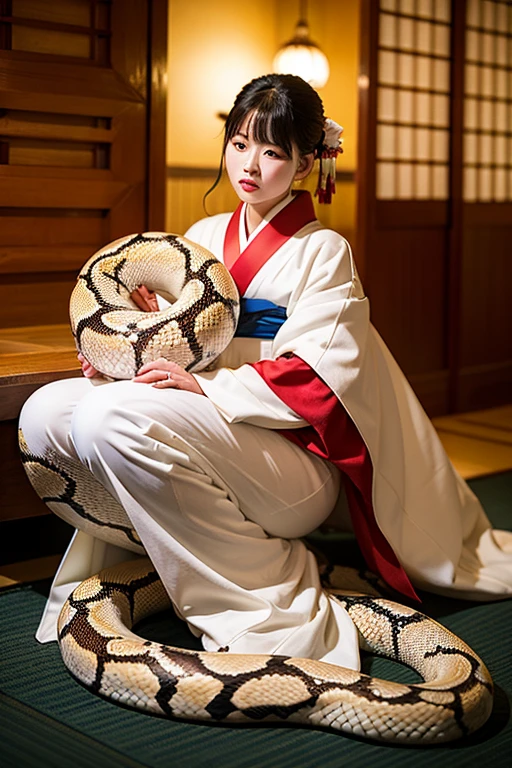 woman、White Face、kimono、A large snake coiled around his body、Inside the shrine、Dim atmosphere、Photorealistic photography、
