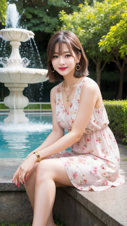(8k, Photorealistic, Raw photo, Highest quality: 1.4),Japanese idol style1Beautiful girl of the person,18-year-old,Short bob hairstyle,Natural Waves,Silver Hair,She has her hair tucked behind her ears,She has small earrings in her ears,Big, clear grey eyes,Long eyelashes,Plump Cheeks,She is wearing pale pink lipstick.,Apply gloss over your lipstick for glossy, plump lips,Smiling,A short pendant is hanging around her neck.,The nails on both hands are painted with light pink nail polish.,Both toenails have red nail polish,(She is wearing a long, brown, sleeveless, floral dress. :1.2),wearing sandals on bare feet,sitting on a bench in front of a park fountain,Full body portrait