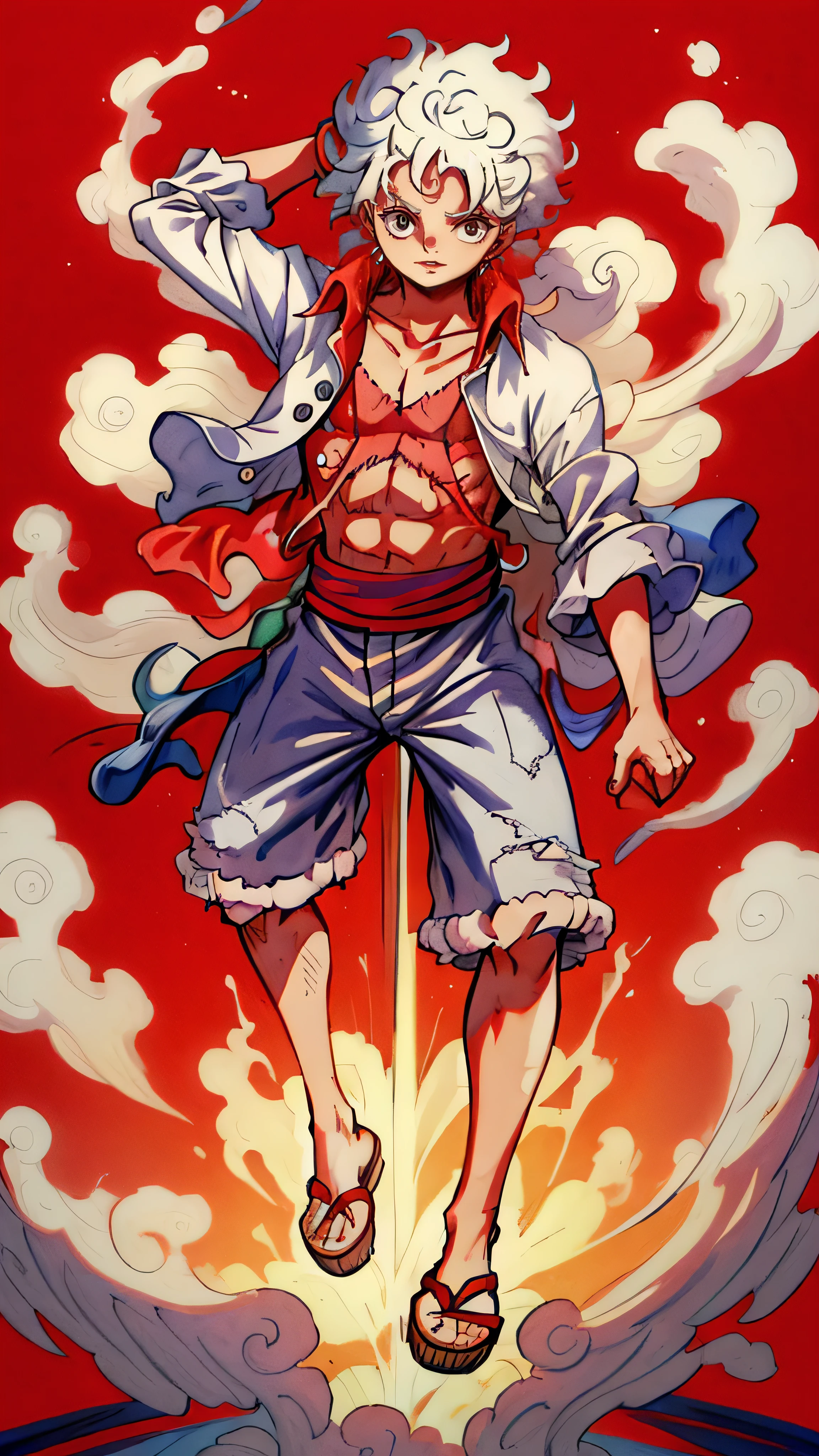 1man, solo, (masterpiece), best quality, ultra-detailed, Monkey D. Luffy from One Piece, gear fifth, white hair, red eyes, Retro style, full body. fashion cloth, jean jacket, fancy.