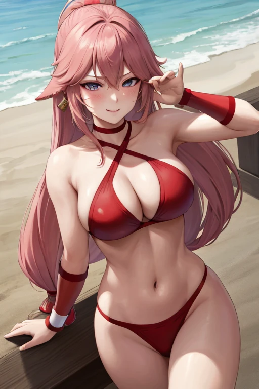 masterpiece, best quality, beautiful art, high resolution, well formed hands, body and fingers, 1 woman, solo, Yae Miko, grown up, big breasted, cleavage, full body, long hair, gorgeous legs and thighs, smile, wearing a Tyris Flare outfit, sexy and skimpy bikini, she is fighting in a combat match at a martial arts tournament, she is getting ready to fight, making her guard pose, action and fighting scene, about to hit the viewer, looking at the viewer, sweating , feeling confident and proud, smiling joyfully and happily, charming her opponent with her beauty, fighting scene, martial arts tournament on the beach