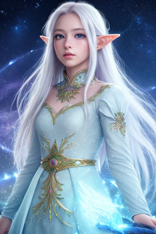 1girl, standing on earth, looking up at night sky, shimmering stars, beautiful detailed eyes, beautiful detailed lips, extremely detailed eyes and face, long eyelashes, serene expression, vibrant colors, dynamic composition, tranquil, (best quality,4k,8k,highres,masterpiece:1.2),ultra-detailed,(realistic,photorealistic,photo-realistic:1.37),animal cosplay,white long hair,FINAL FANTASY,kawaii Japanese,animal eyes,fantasy,dreamy,ethereal,magical realism,soft lighting,glowing,detailed background,cat eye,elf Tinkerbell