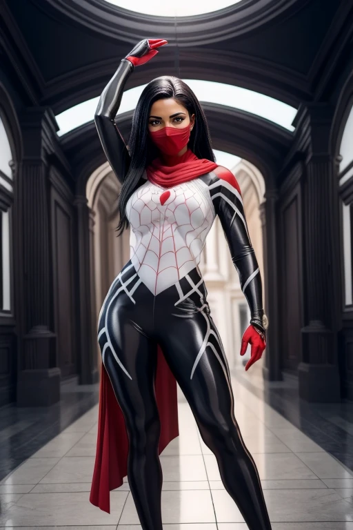 Cynthia Moon, seda, posando em um telhado, veste um (body preto justo do homem aranha) com um elegante, texturizado (white web-like patterns), o traje cobre todo o seu corpo, including her arms, perna, e torso, O terno inclui um (emblema vermelho da aranha) No peito, veste um (red mask) that covers her head, deixando apenas os olhos e a boca expostos, (Longas, flowing black hair), (full body render), (whole body view), detalhes finos, hyper realistic, disco Rigido, 4k, Definition, textura, Detalhe perfeito, rosto perfeito, Beautiful, hiper-realismo, trending on ArtStation
