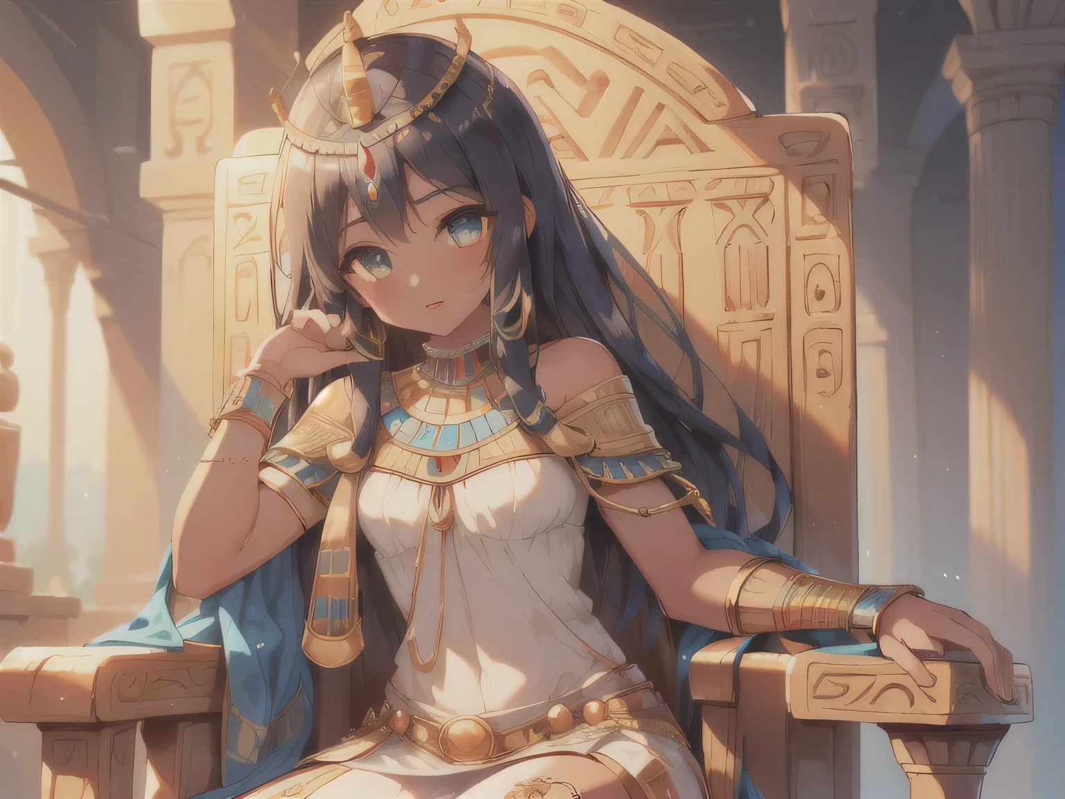 ((best quality)), ((masterpiece)), (detailed face and eyes), perfect face, accurate, textured skin, high details, highres, Cleopatra, queen of ancient Egypt, in silk dress, jewelled crown, lipstick, cowboy shot, Tanned skin, brown skin, throne, ray tracing, 1080P