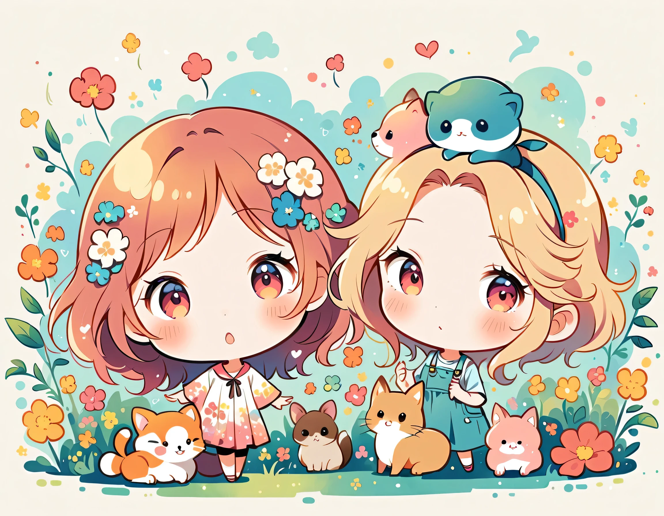 Watase Seizo style、The most beautiful girl of all time、Lips in Love、Colorful flowers、Simple line initials、Abstract art、(((chibi))), Colorful and cute forest animals