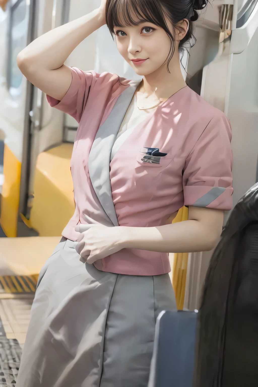 (masterpiece:1.2, highest quality:1.2), 32K HDR, High resolution, (alone、1 girl)、（On the rooftop of a building in the daytime、Professional Lighting）、Building rooftop background、（Nankai train crew uniform pinkを着たリアルスタイル）、（Nankai train crew uniform pink short sleeve pink jacket、Nankai Train Crew Uniform Pink Collarless Short Sleeve Blouse、Nankai Train Crew Uniform Pink Grey Knee-length Culottes）、Dark brown hair、（Hair tied up、Hair Bun、Hair Bun）、Dark brown hair、Long Shot、Big Breasts、Thin legs、（（Great hands：2.0）），（（Harmonious body proportions：1.5）），（（Normal limbs：2.0）），（（Normal finger：2.0）），（（Delicate eyes：2.0）），（（Normal eyes：2.0））)、smile、（（Nankai Train Crew Uniform Pink Grey Knee-length Culottesを見せた美しい歩く姿））、Place your hands around your stomach