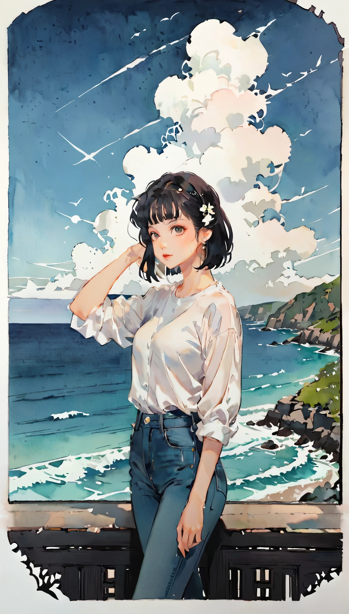 (((paper cutting style))), 1 girl, short black hair, straight hair, portfolio, shirts, denim, ocean and sky