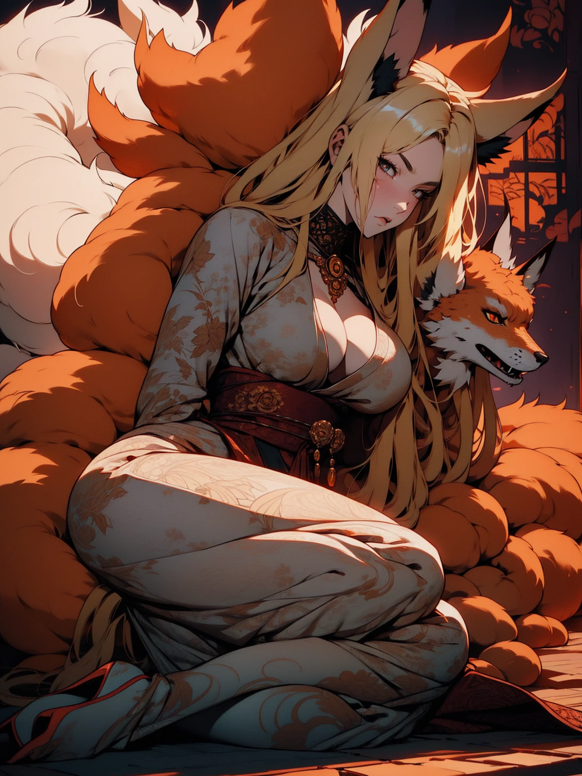 REALISTIC VISION 1.4, BETTER VAE,sharp focus, ultra detail, 32k,realistic photo, intricate details, kitsune, blond hair, (blond hair), gold eyes, intricate details ,woman, nine tails, intricate details,intricate details,big , Voluptuous body, intricate details, Miko, clothes long white dress with red details intricate details, tattoos intricate details, full body, with a orange nine tails fox , kiuubi (kurama, naruto), angry face, sitting on the ground